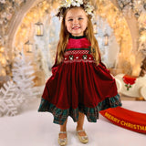 Red velvet and Plaid Dress - Hand smocked Wreath