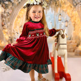Red velvet and Plaid Dress - Hand smocked Wreath