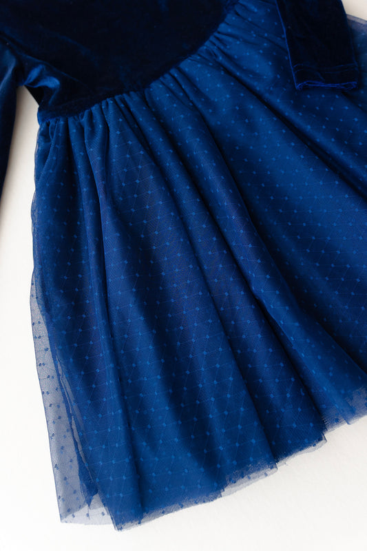 PRESALE Long Sleeve Ballet Tutu Dress - Navy Blue Velvet Dot Tulle