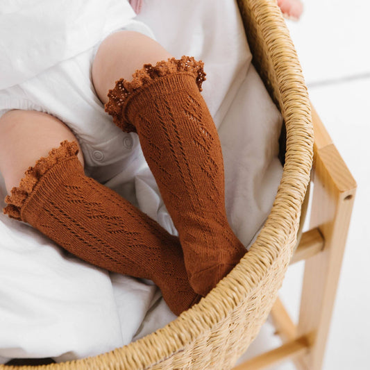 Little Stocking Co. - Sugar Almond Fancy Lace Top Knee High Socks
