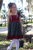 Load image into Gallery viewer, Ruffle Strap Smocked Dress in Red Velvet and Green Plaid
