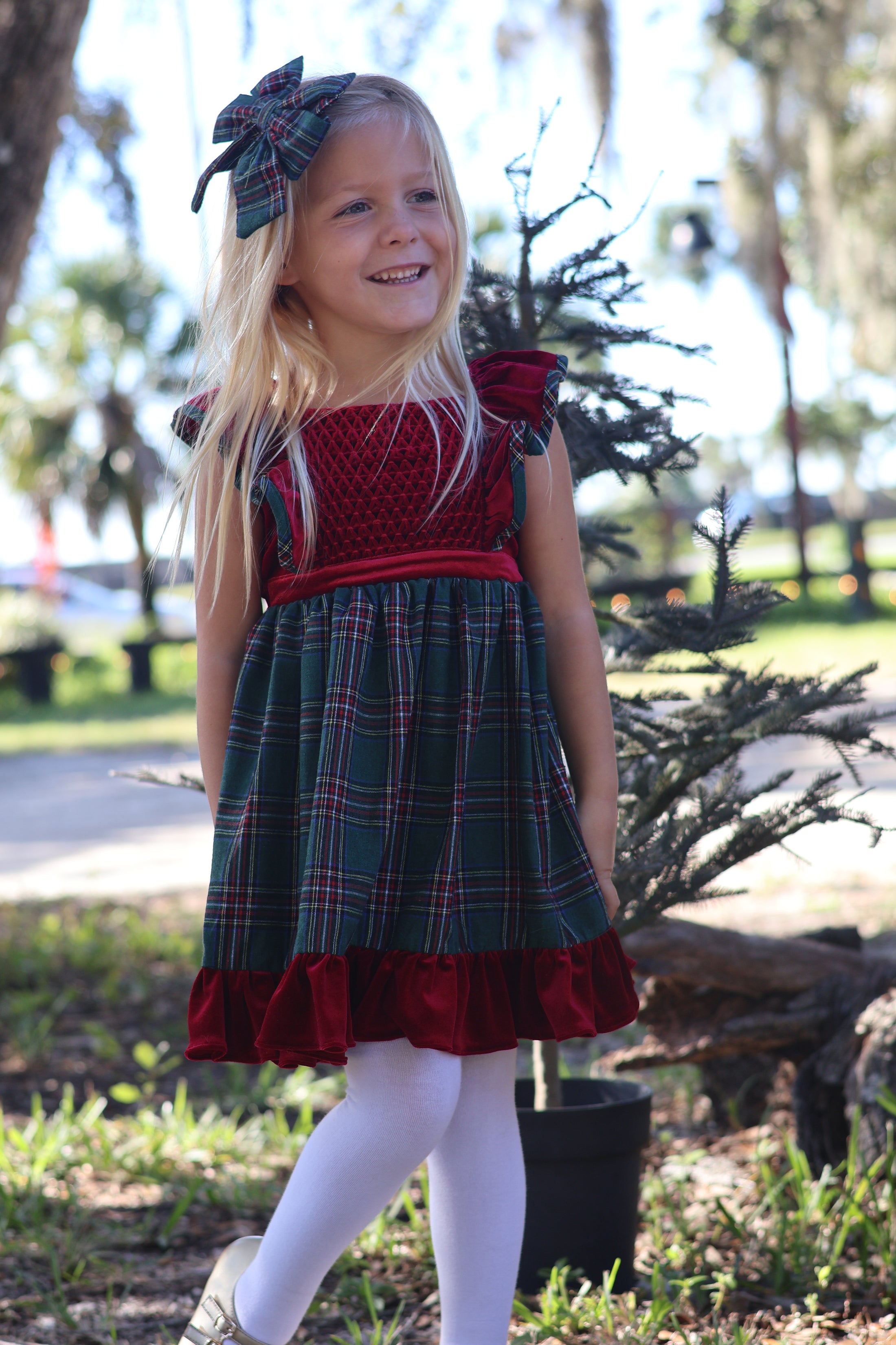 Ruffle Strap Smocked Dress in Red Velvet and Green Plaid