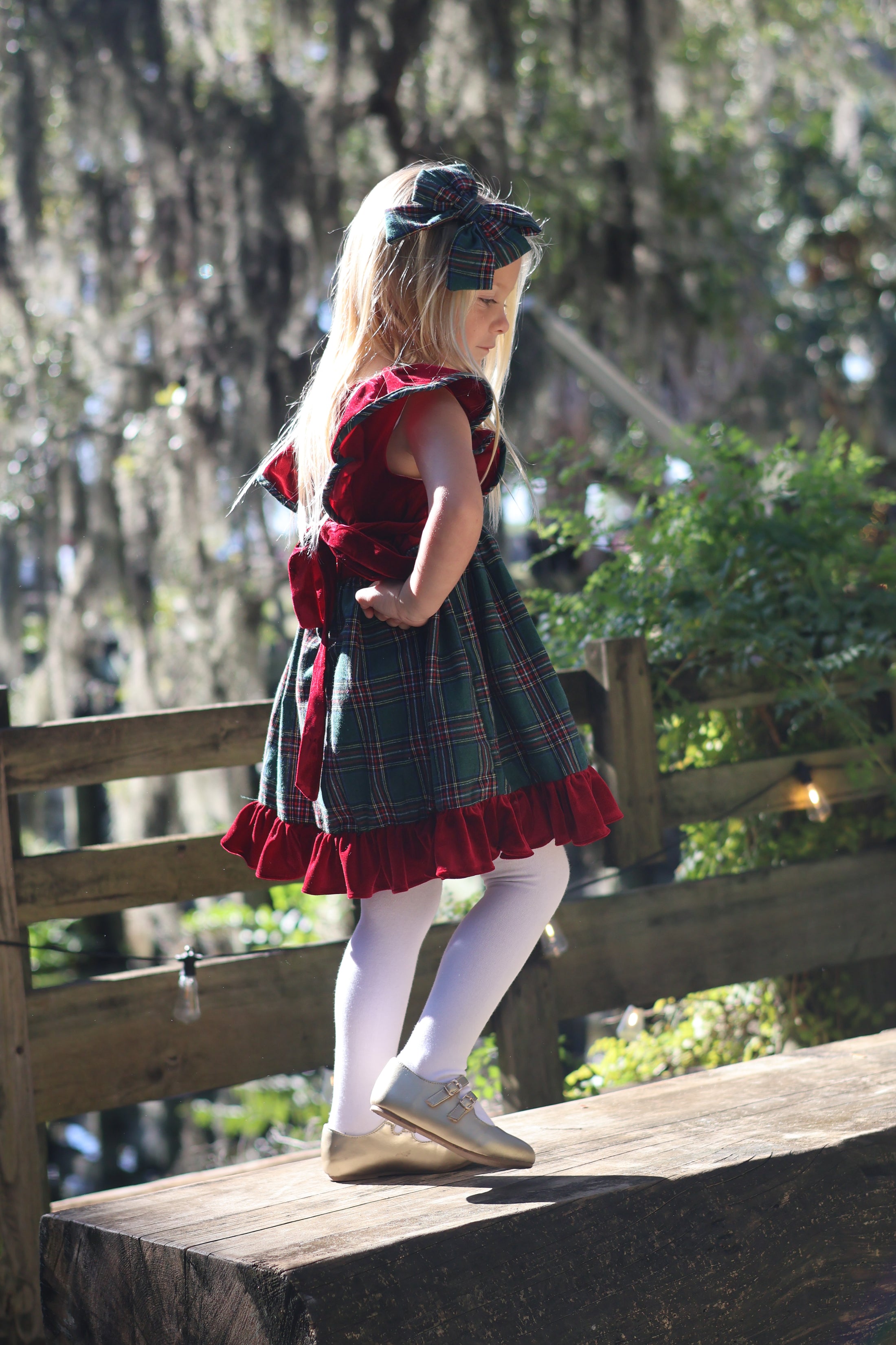 Ruffle Strap Smocked Dress in Red Velvet and Green Plaid