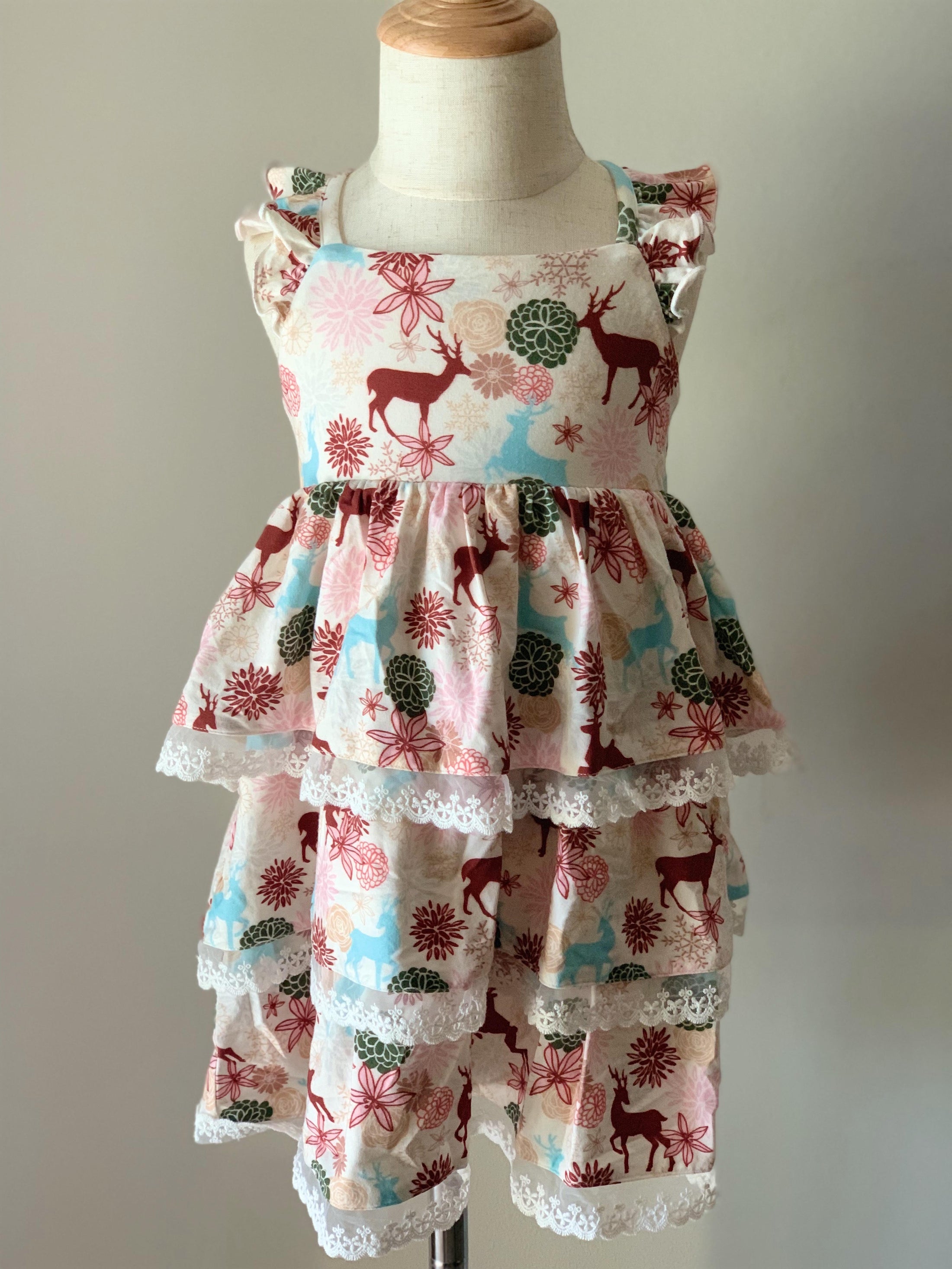 Ruffle Strap Layered Dress In Deer Floral Print