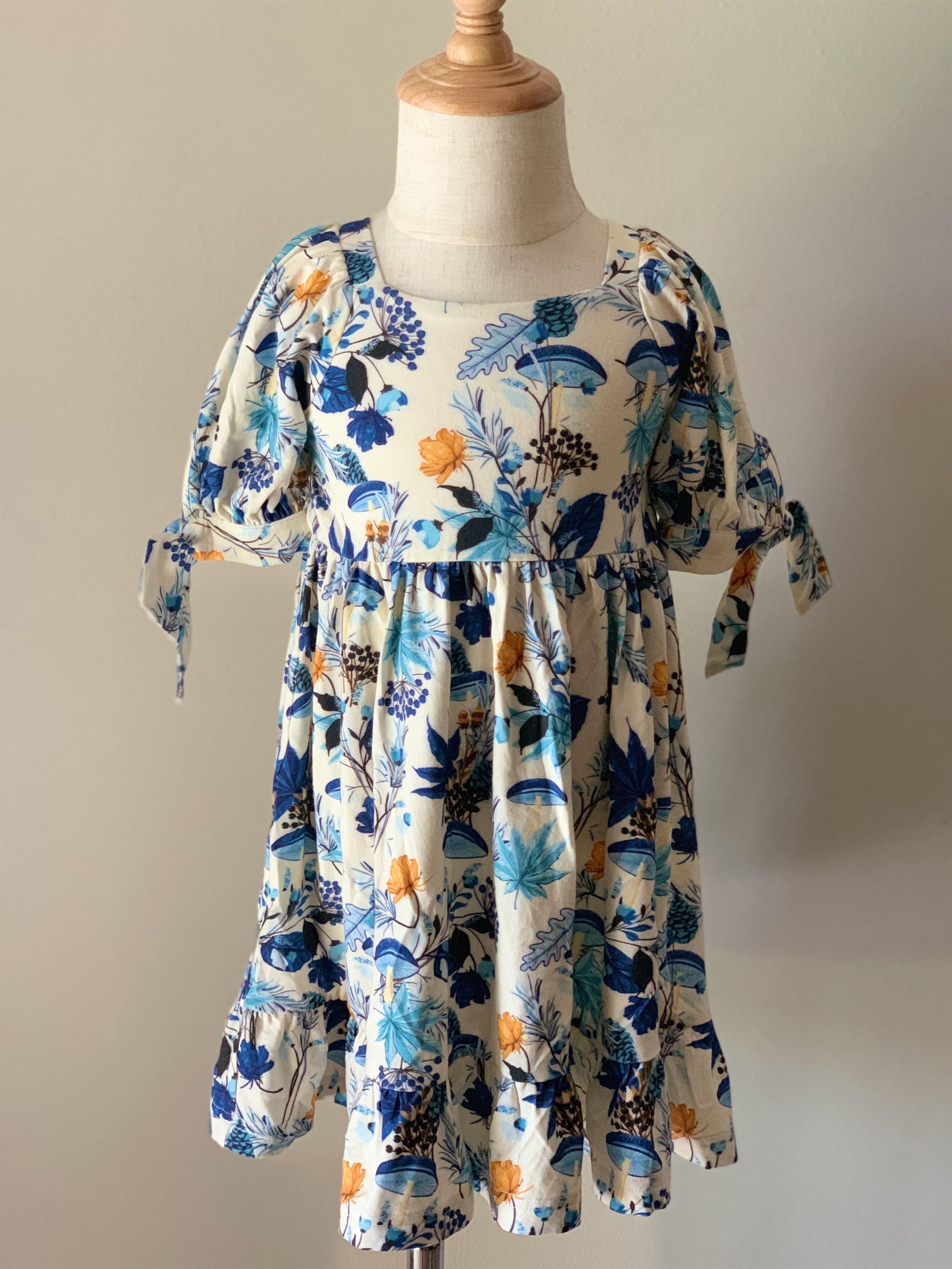 Puff Ribbon Sleeve Dress In Winter Mushroom Print